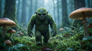 長滿苔蘚、類似哥布林的生物，在迷霧森林中與巨型蘑菇一起行走。