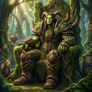 綠色皮膚的獸人國王坐在魔法森林的長滿青苔的王座上，周圍有鹿和貓科生物。