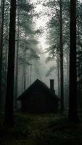 霧氣瀰漫的松樹林中的木屋，黃昏時分。
