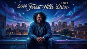 J Cole 夜晚坐在屋頂上，背後是城市天際線和星空。
