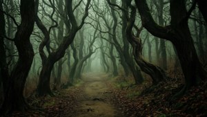 一條狹窄的森林小徑，兩旁是佈滿苔蘚的扭曲樹木，在霧氣瀰漫的綠色光線下。 — 1920x1080 壁紙