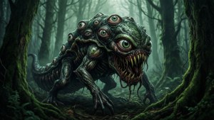 一個在霧氣森林中、擁有許多眼睛和尖牙的怪物般生物。 — 黃昏 壁紙