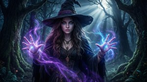 女巫在月光照耀的森林中施展發光的魔法。 — 女巫風格 壁紙