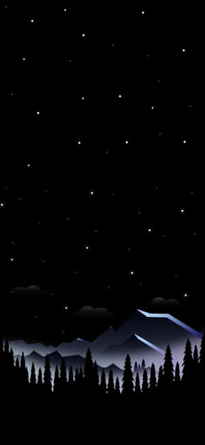 在深藍色漸變的星空下，剪影松樹和山脈。