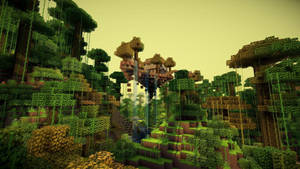 像素化Minecraft叢林，瀑布和塊狀樹木，黃色天空 — 森林 壁紙