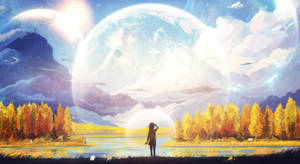 人站在湖邊，天空有巨大的發光行星和秋天的樹木。 — 森林 壁紙