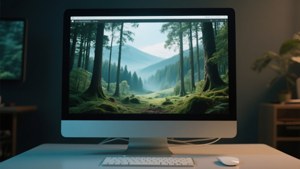 桌上的銀色 iMac 顯示森林壁紙，有高大的樹木和霧氣繚繞的山脈