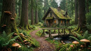 魔法森林中的舒適小屋，有發光的窗戶和蘑菇小徑。 — 鄉村風 壁紙