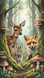 三種森林動物：鹿、狐狸和兔子，在長滿苔蘚的樹木和蘑菇之間。
