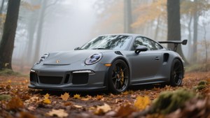 啞光灰色保時捷911 GT2 RS停在霧氣瀰漫的秋日森林中，落葉遍地