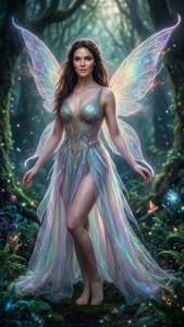 一位發光的仙女，擁有半透明的翅膀，站在魔法森林中。