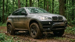泥濘的BMW X6在森林小徑上行駛，濺起泥漿。