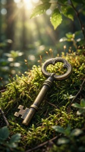 復古黃銅鑰匙放在陽光森林的苔蘚上。