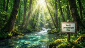 寧靜的森林溪流，陽光穿過樹木，還有World Environment Day的標誌。