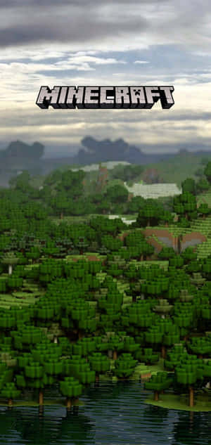 Minecraft 像素化森林和水景，帶遊戲標誌 — 森林景色 壁紙