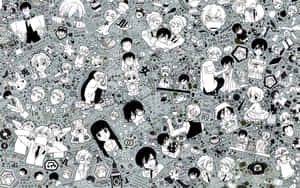 灰色背景上帶有貼紙和日文字的動漫角色拼貼。 — 1280x800 壁紙