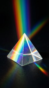 一個玻璃金字塔稜鏡在黑色表面上將光線分散成彩虹