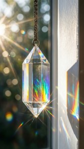 水晶棱鏡用鏈條懸掛，將陽光折射成窗戶上的彩虹色。 — 彩虹美學 壁紙