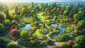 一個鬱鬱蔥蔥的花園，有蜿蜒的小徑、池塘和色彩繽紛的花朵，沐浴在金色的晨光下。