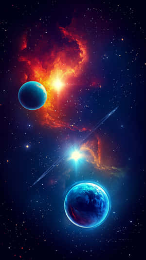 兩顆藍色行星在發光的星雲附近運行，有星星和一顆彗星掠過 — 藍色 壁紙