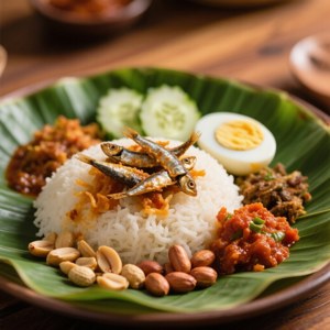 傳統印尼餐，有米飯、鳳尾魚、雞蛋、青瓜和參巴醬，放在香蕉葉上