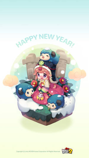 雪地平台上的Happy New Year卡通角色與節日裝飾。