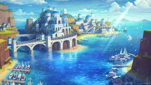 動漫沿海小鎮，有藍色屋頂的建築物和碧綠海水中的帆船。