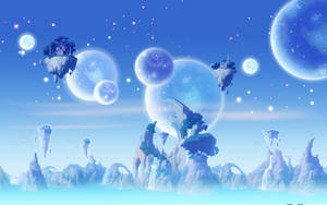 在星空下，寧靜的外星景觀，有浮島和發光的月亮。