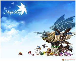 藍天白雲下的MapleStory遊戲角色和飛船。