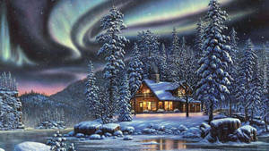 雪地森林中的舒適小屋，夜晚在發光的北極光下 — 夜晚 GIF 壁紙