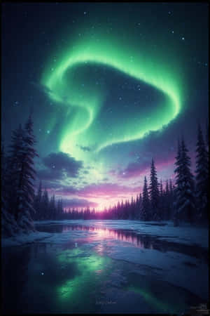 綠色北極光映照雪松林與冰封河流的夜景