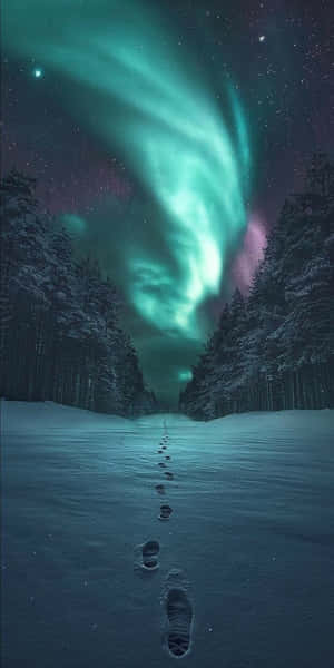 腳印在夜間穿過雪地森林，上方是發光的極光。