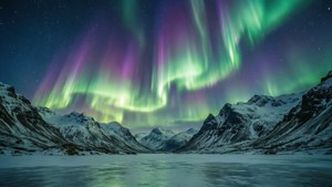 北極光在雪覆蓋的山脈和冰凍的湖泊上空發光。