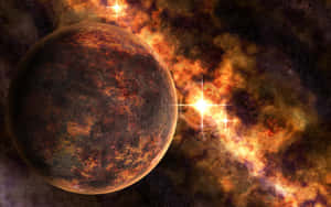 一顆鏽色的行星漂浮在充滿活力的宇宙星雲中，伴隨著明亮的恆星。