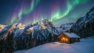 被雪覆蓋的小屋，在山上舞動的北極光下散發溫暖燈光。