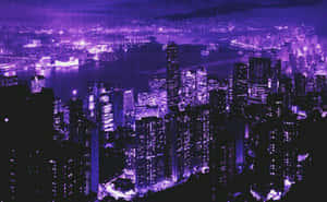 紫色調的夜間城市天際線，閃爍的摩天大樓和海濱燈光。