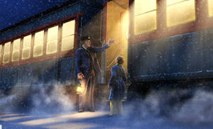 列車長在星空下雪地車站歡迎小孩。 — 電影 壁紙