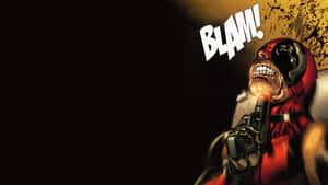 死侍開槍，身後有BLAM！爆炸。