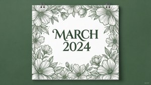 2024年3月日曆 花卉邊框 掛在綠色牆上
