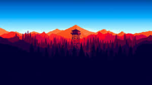 森林中的消防瞭望塔，夕陽，橙色山脈和藍天。 — 極簡美學 壁紙