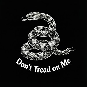 盤繞的響尾蛇抬起毒牙和文字 Don't Tread on Me