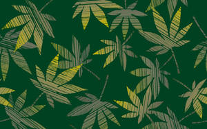 圖形壁紙，在深綠色上重複黃色和灰色的大麻葉圖案。