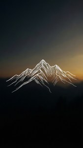 白色線條藝術山脈剪影，背景為深橙色日落天空。