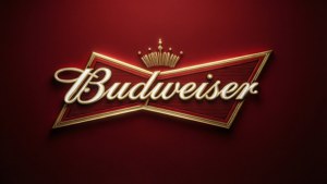 Budweiser標誌，金色字體和皇冠，紅色背景