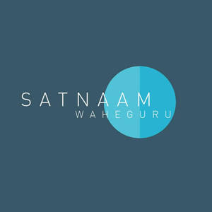 文字標誌，寫著 Satnaam Waheguru，旁邊有一個藍色圓圈，背景為青色。 — 極簡美學 壁紙