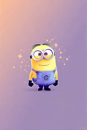 一個戴著護目鏡和工裝褲的黃色卡通Minion，在漸變背景上被閃光包圍。 — 薰衣草 壁紙