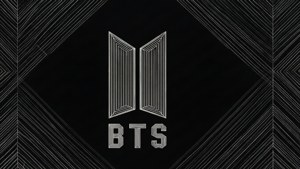 黑色背景上的白色BTS標誌，帶有幾何線條圖案。
