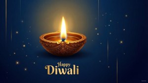 一個點燃的迪亞燈，帶有節日文字 Happy Diwali，在星空藍色背景上