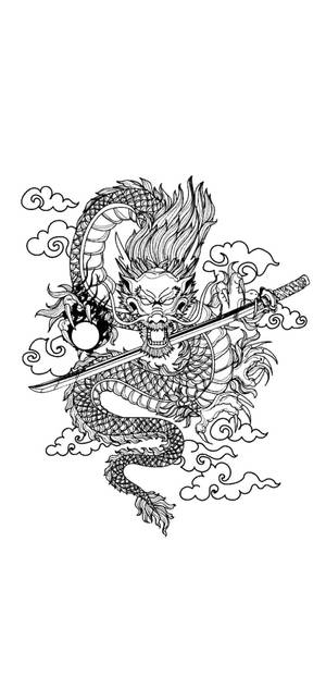 一個風格化的龍手持劍，被雲環繞，黑白插圖。 — 日本龍動畫 壁紙
