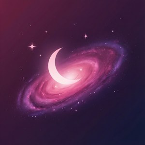 一彎新月圍繞著一個充滿星星、色彩鮮豔的粉紅色和紫色螺旋星系運行。